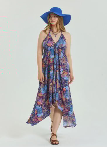 V Neck Backless Halter Neck Blue Plus Size Dress 4664